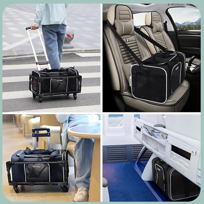 Small Pet Carrier 18"x13"x9.5" with Wheels Airline Approved, Black | for Southwest Airlines, Lockable Safety Zippers and Anti-Scratch Mesh, Pets Under 10 lbs