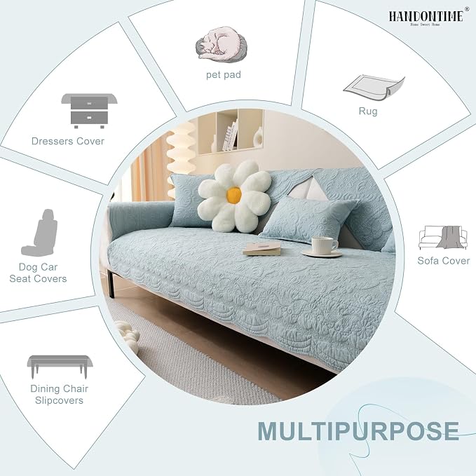 HANDONTIME Pet Protector Furniture Covers - Cotton Couch Cushion Covers, Embroidery Jacquard Dog Couch Cover Sofa Cover for Dogs, Soft Pet Friendly Sofa Protector Washable (Misty Blue, 35.4" x 82.7")
