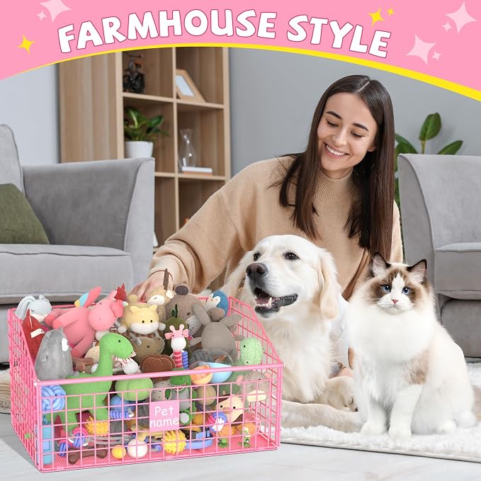Kaiferty Indestructible Dog Toy basket, Large Toy Bin for Dogs,Pet Toy Bin Dog Metal Basket Organizer Storage for Toys Food Storage (Pink)