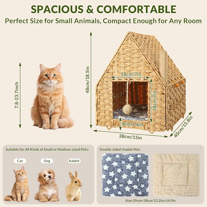 Handwoven Rattan Cat Bed for Indoor Kitten, Cat Cave Bed with Sisal Ball, Cushion & Cat Scratch Post, Foldable Hideaway Cat Hut in Bedroom Living Room, Natural