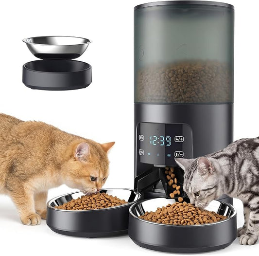DUMOS 6L Automatic Cat Feeder for 2 Cats, Timed Pet Food Dispenser, Black | 2 Stainless Bowls, 10s Voice Call, Dual Power Supply, 6 Meals Per Day, 50 Portions Per Meal, Dual Pet Feeder for Cat and Dog