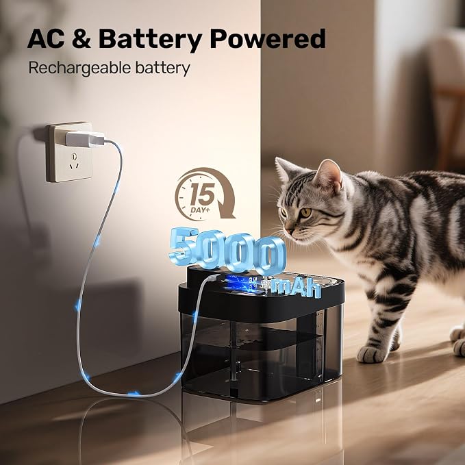 Cat Water Fountain, Wastewater Separation & No Filter Cotton, Pet Water Dispenser with 101oz/3L Large Capacity Tank, Wireless Automatic Water Fountains for Cats Indoor Cat Watering Supplies