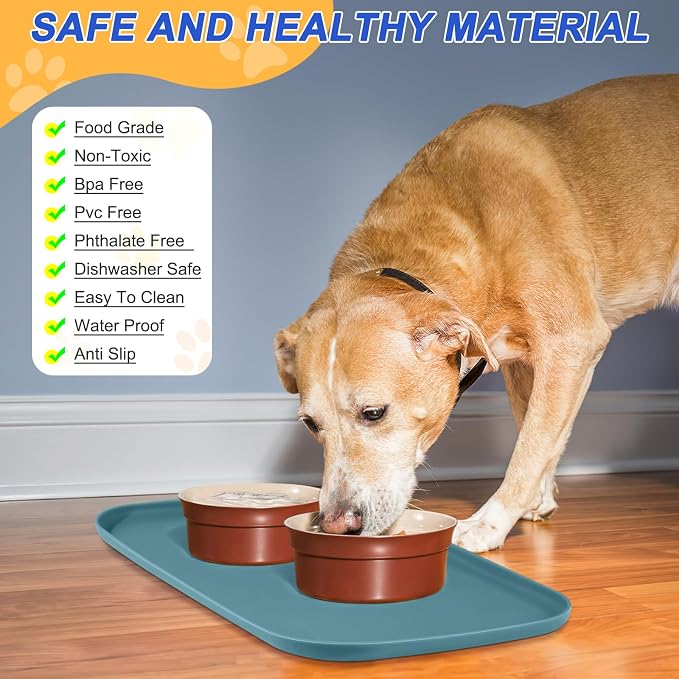 SMILOOL Waterproof Silicone Pet Food Mat with Raised Edge for Dog & Cat | 22" x 14" Non-Slip Pet Feeding Mats with Lip for Food & Water Bowl, Food Grade, Easy Cleaning, Salte Blue