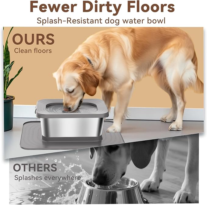 10L No Spill Dog Water Bowl Stainless Steel for Messy Drinkers | Large Capacity Slobber Stopper, Slow Drinking Anti Splash Design, XXL Silicone Mat, For Large Dogs & Multi-pet Homes, Grey