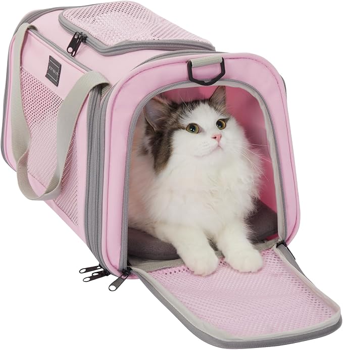 Petsfit Cat Carrier Airline Approved, 17.5×10.5×10.5 in, Pink | Escape-Proof Design with Locking Zippers & Safety Leash, Easy-Access 3-Way Entry, Washable Mat up to 12 lb