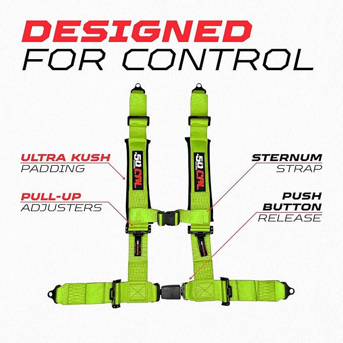 1pc 50 Cal Fluorescent Green 4 Point Harness 2in, Racing Harness Seat Belt | Ultra Kush padding, Push Button quick release hardware. Universal Fit for UTV, RZR, race car