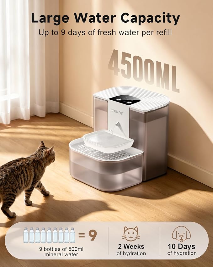 Filterless Heated Cat Water Fountain,4.5L Wireless Pet Automatic Dispenser | Heats Water to 28°C, Timed Dispensing, Wastewater Separation, Food-Grade Ceramic Bowl, 4000mAh Battery, Remote Control