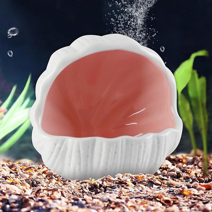 AnRui Cute Betta Fish Tank Decor Ceramic Conch Shell-Shaped House Thematic Hideout Cave for Fish Playing or Hiding Underwater World Aquarium Background Pearl Ornament, Pink