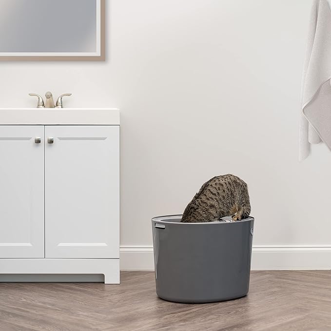 IRIS USA Cat Litter Box Large Top Entry with Lid Enclosed Covered Hooded Design Litter Catching Scatter Shield Pan Dog Proof Pet Proof Scoop Included Odor Control for Cats Kittens Dark Gray/White