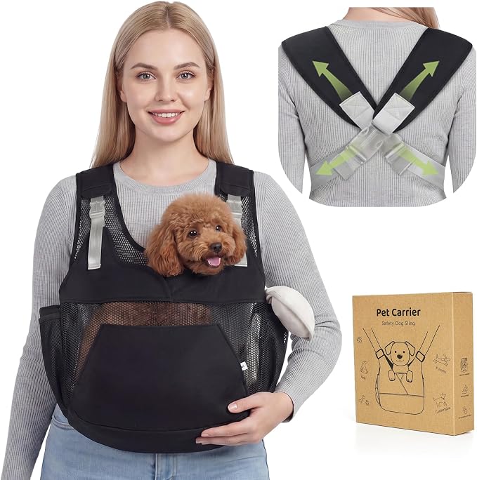 Dog Sling Carrier for Small Dogs with Thicken Bottom Support 10-18 lbs | Adjustable, Hands Free, Breathable Mesh, Comfortable, Lightweight, Vet Visits, Anxiety, Travel, Hiking, Safety Clip, Black