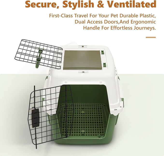 Athena Collection 22" Hard-Sided Travel Pet Carrier for Small Dogs and Cats | Plastic Dog Crate with 2-Door Top & Front Load, Ventilation, Security Lock, Cat Dog Carrier for Pet, up to 22lbs, Green