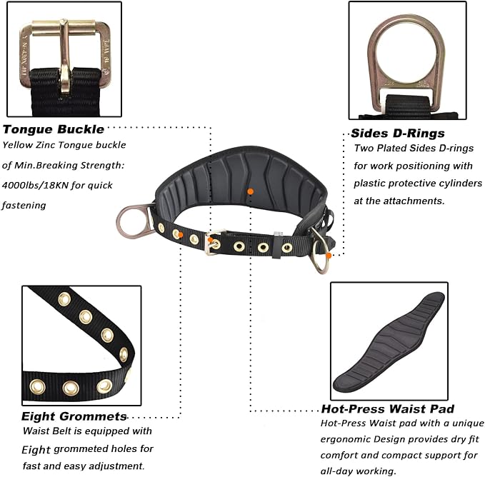 Tongue Buckle Body Belt With Hot-Pressing Waist Pad and 2 Side D-Rings Personal Protective Equipment Safety Harness | Waist Fitting Size 30'' to 45'' for Work Positioning, Restraint