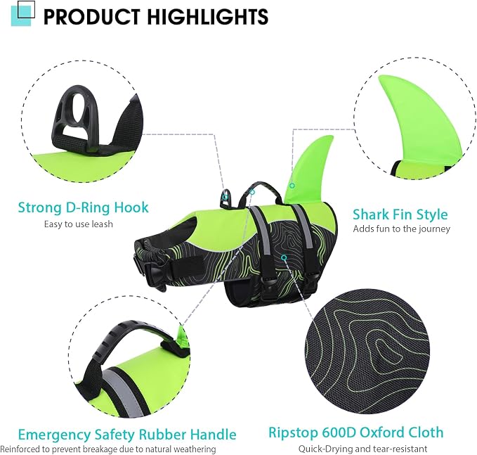 Shark Dog Life Vest for Swimming, Pet Life Vests for Boating, High Buoyant DogLife Jacket, Ripstop High Flotation Swimsui for Small, Medium, Large Dogs (Greenblack,M)
