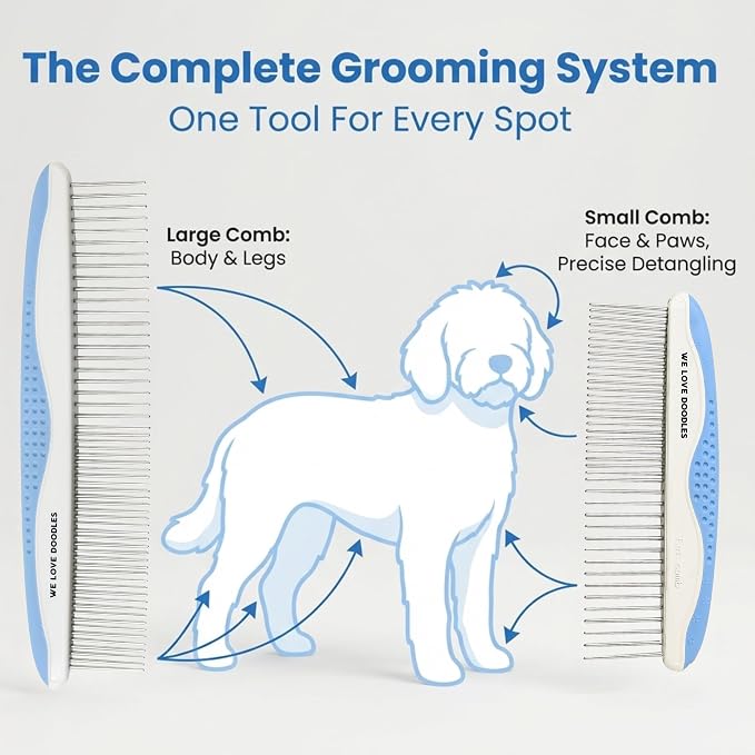 We Love Doodles Small Dog Grooming Comb & Large Dog Slicker Brush Bundle - Grooming Comb & Mini Slicker Brush for Small Puppy Kit - Removes Tangles & for Dematting - Made in USA
