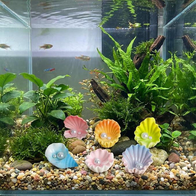6 Pcs Mini Resin Pearl Seashell Ornaments, Artificial Ocean Clam Shells for Aquarium Decoration, Cute Fish Tank Accessories for Betta, Shrimp, Hermit Crab - Underwater Landscape Decor