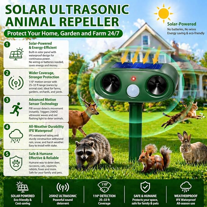 2026 Solar Animal Repellent Outdoor 4 Pack Ultrasonic Squirrel Deer Repellent with Motion Sensor, Waterproof Cat Deterrent Device for Yard Garden Farm, Keep Bird Cat Squirrel Deer Rabbit Away