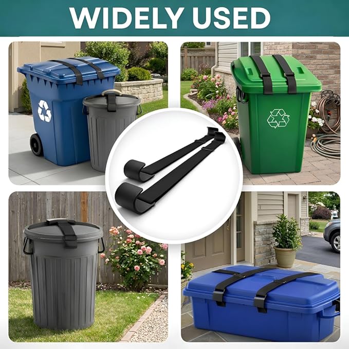 Premium 2X Outdoor Trash Can Locks for Animals Universelle Garbage Straps Lid Wheelie Bin Locks Enclosure Clips Out Raccoon Hide Outside Strap Resistant Security Critter Trashcan Deterrent
