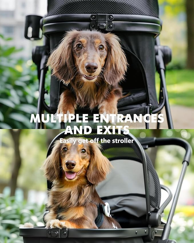 Pet Stroller for Small Dogs and Cats, One-Click Foldable Dog Stroller with Detachable Carrier & 3 Safety Tethers, Holds up to 33 lbs, Storage Basket & Cup Holder, Breathable Mesh, Black