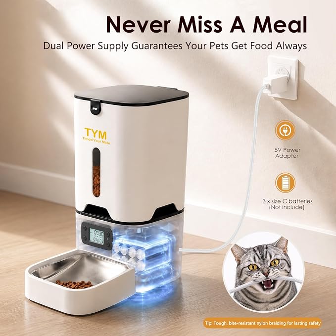 Automatic Cat Feeder 7L, 9 Meals/Day Food Dispenser for Cats Small Dogs | Large Capacity | Programmable Timer | NO APP | Weight / Diet Control | Stainless Steel Bowl | Fresh Food | Dual Power Supply
