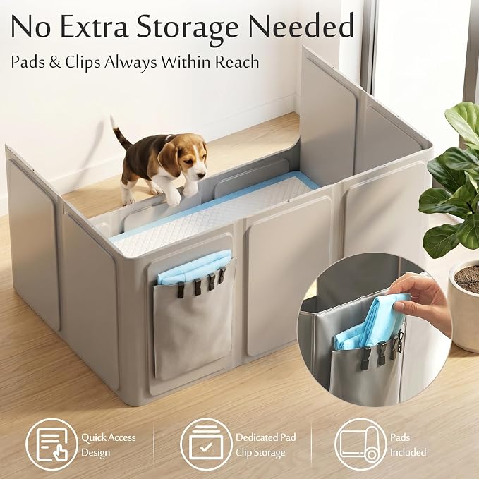 Dog Litter Box with High Walls, Foldable Pee Pad Holder, 33×22×16" | Waterproof No-Spill Indoor Dog Potty Tray, No Assembly Required, Easy to Clean and Fold, for Small and Medium Dogs, Gray