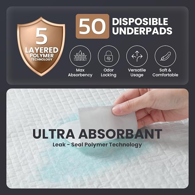 50 Count Incontinence Bed Pads Disposable 40'' x 36'' - 125 Gram Heavy Duty Super Absorbent Underpads Chucks Pads for Adults Elderly, and Pets
