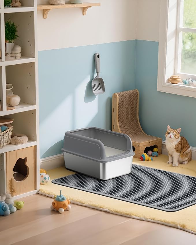 Cat Litter Mat - 30'' x 24'' Large Litter Trapping Mat, Easy to Clean Litter Box Mat, Waterproof, Urine-Proof, Non-Slip Kitty Litter Mats for Floor, Grey
