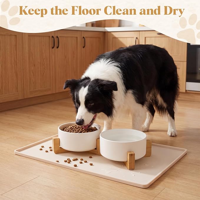 Ceramic Dog Bowl Food Water Bowl Set for Medium Dog with Wood Stand Waterproof Raised Edge Non-Slip Mat 3.6 Cups Glaze Weighted Feeding Dishes for Cat