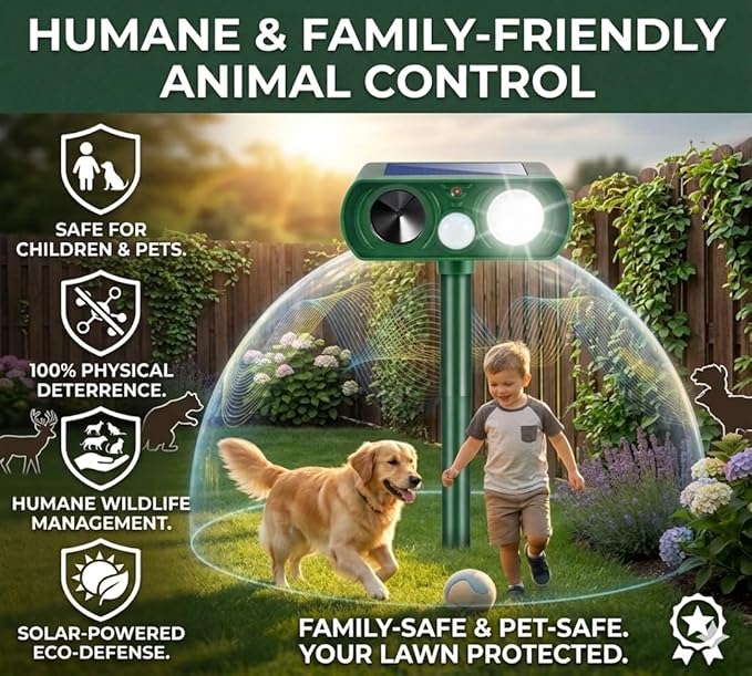 4 Pack Upgraded Sonic Fortress Pro Deer Repellent Cat Deterrent Solar Animal Repellent Ultrasonic Outdoor with Motion Sensor Strobe Light for Skunk Rabbit Raccoon Squirrel Fortress Pro for Yard Garden