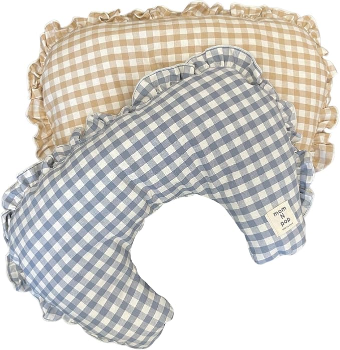MOM N POP Pet Nap Pillow – Washable Gingham Check Cushion for Dogs & Cats, Soft Neck Support Bed (Beige/Blue) (Blue)