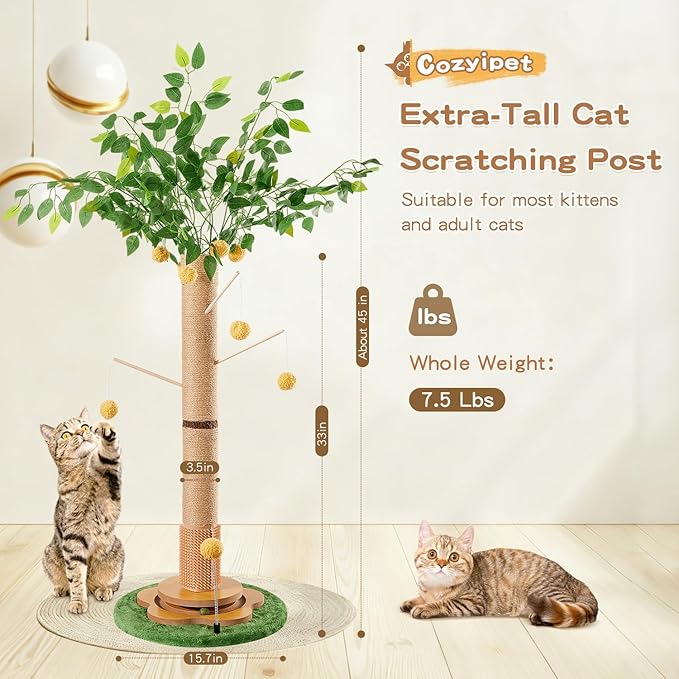 45" Tall Cat Scratching Post with Toy | Sisal Rope, Track Balls, Slef-Grooming Brush, Hanging Ball Toy