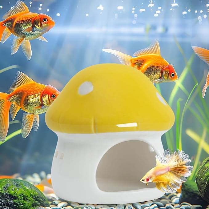 Saim Ceramics Mushroom House Aquarium Decor, Betta Fish Tank Accessories Landscape Decoration, Small Shrimp Goldfishes Habitat Hut Pleco Smalland Breeding Hide Caves Toad House - Yellow