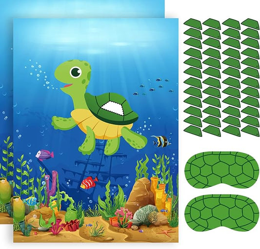 NEBURORA 2 Pack Pin The Shell on The Turtle Party Game 2 Large 21"x 28" Posters with 48pcs Stickers Ocean-Themed Birthday Party Supplies Decorations for Kids Boys Classroom Game Wall Home Decor