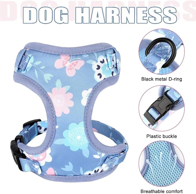 Beirui Cute Dog Collars,Harnesses,Leashes Set, Floral Pattern, Purple,XXS | Girl Dog Harness Set with Flower, Adjustable and Soft Mesh Lining, For Puppies Small & Extra Small Dogs Daily Walks