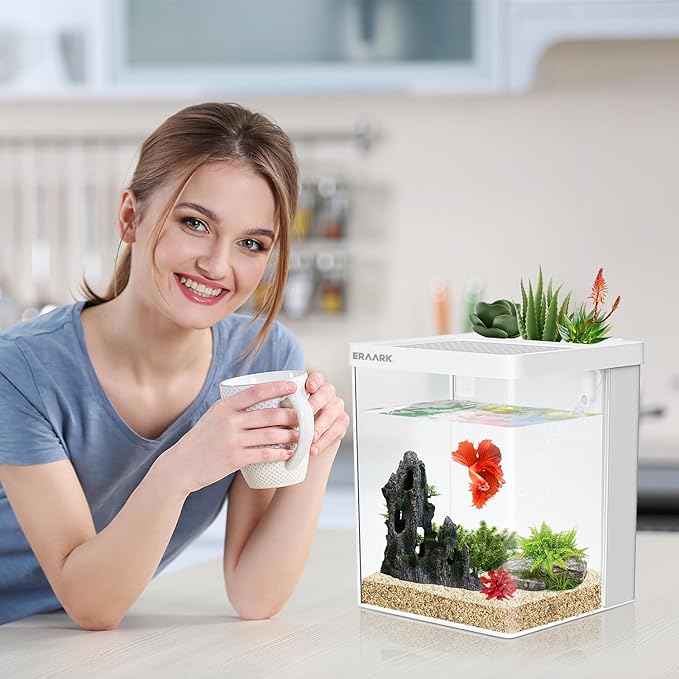 ERAARK Smart Betta Fish Tank 1.5 Gallon Aquarium with Filter LED Light, Water Pump, Fish Bowl (White)