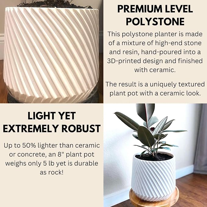 Fox & Fern Large Indoor Planter, Modern Large Plant Pot for Indoor or Outdoor, UV and Frost Resistant - 8 Inch, Matte White Flower Pot with Drainage Plug, 3D Printed Design