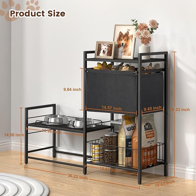 Lomivra Elevated Dog Bowls, Raised Dog Bowl Stand with Dog Toy Bin Basket Dog Food and Water Bowl Feeding Station, Lifted Dog Bowl Holder Cabinet with Pet Storage Organizer for Large Medium Small Dogs