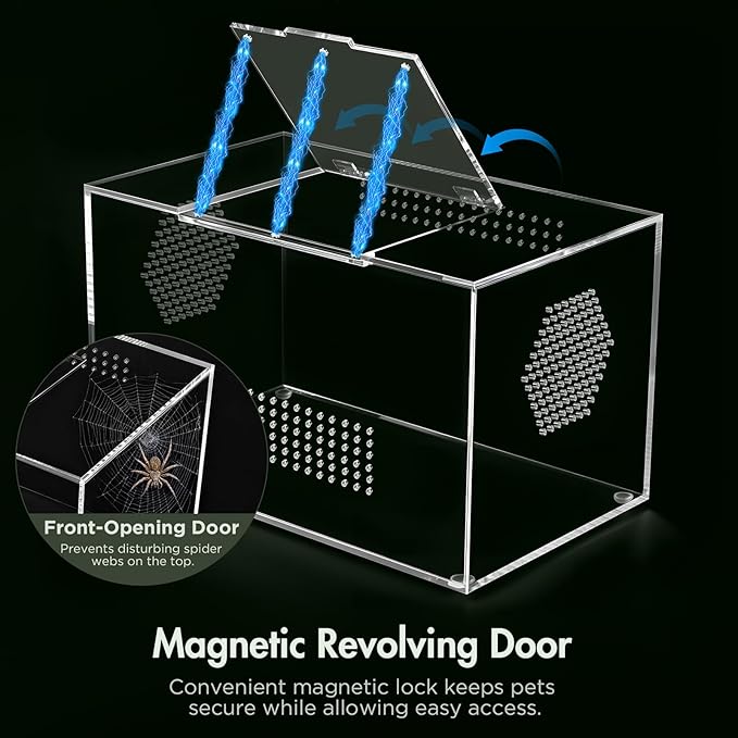 Acrylic Reptile Terrarium, Pre-Assembled Tarantula Enclosure with All-Side Ventilation & Magnetic Door, Tank for Spider, Gecko, Mantis, Frog, Snail, Isopods, 12"x7"x7" (Tweezer & Hygrometer Included)