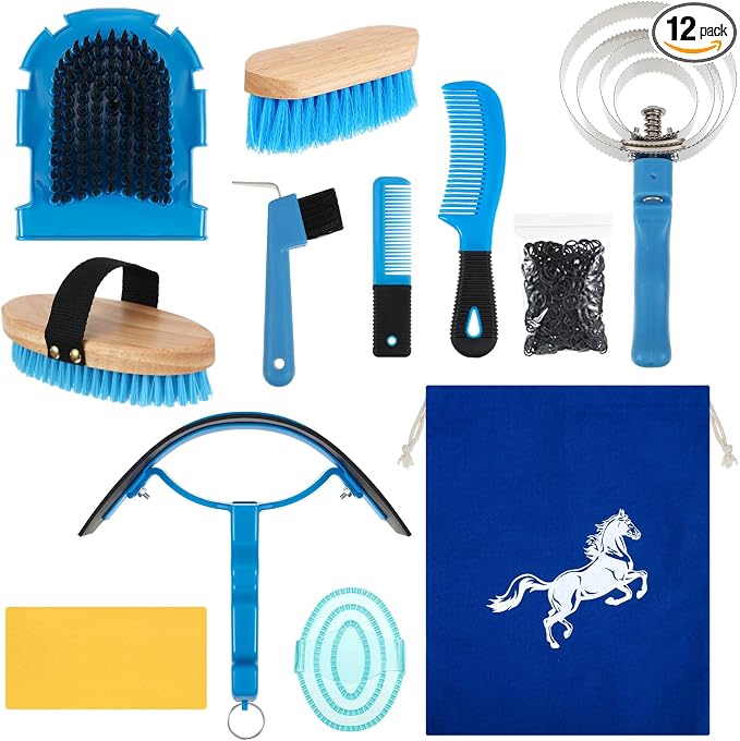 Abbylike 12 Pieces Horse Grooming Kit Racing Festival Tack Room Supplies Horse Brush Sets Equine Care Cleaning Kit Shedding Grooming Massaging Tools(Blue)