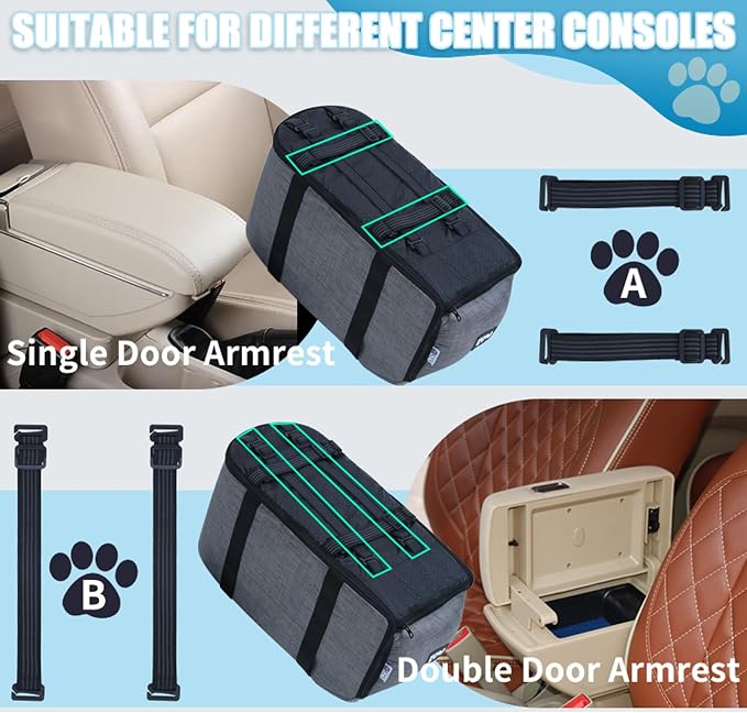 Pet Car Center Console Elevated Armrest Car Seat for Small Puppy, Dogs & Cats (Up to 10 lbs) – Dark Gray Washable Plush Carrier with Safety Leash, Fits Front Vehicle Console Space (Grey)
