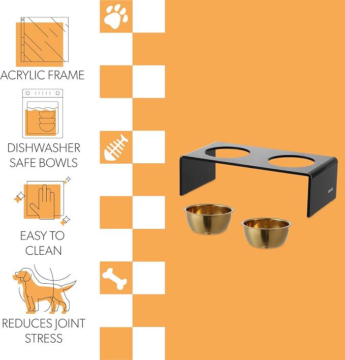 DBL2000B Keaton 5" Small/Medium Modern Lucite Rectangular Elevated Pet Feeder with 20oz 2-Stainless Steel Bowls, Black/Gold