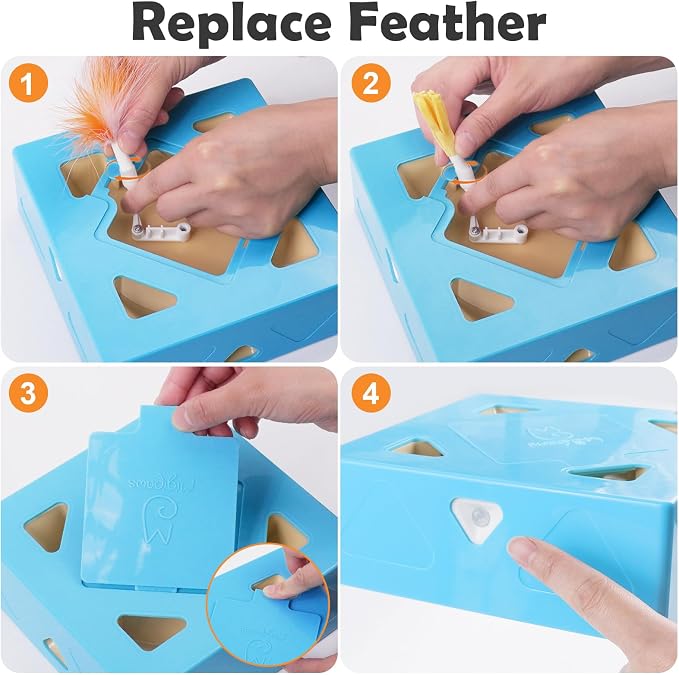 Migipaws Interactive Cat Toy -Migibox Without Popskin, Puzzle Toy for Indoor Bored Cats, Automatic Pop Out Feathers from 7 Holes Randomly, Motion Activated, USB Rechargeable(Blue)