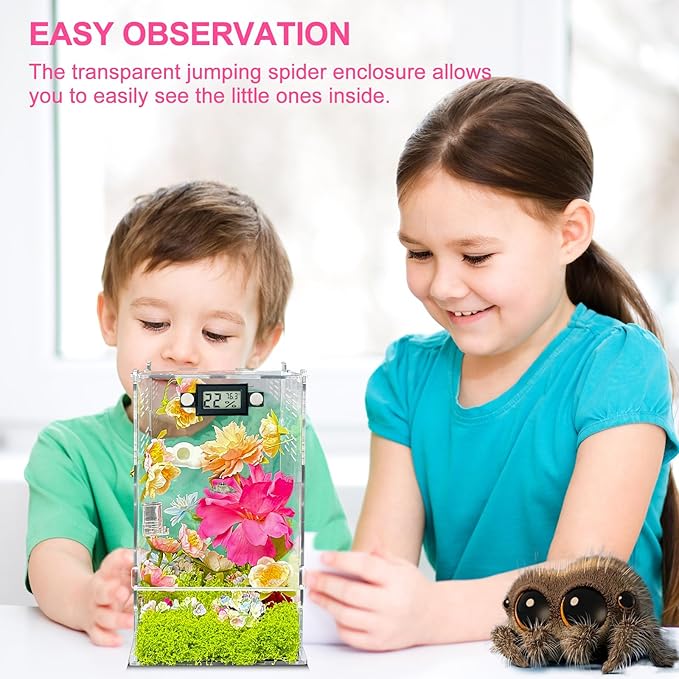 Jumping Spider Enclosure,DIY Insects Habitat,Small Reptile Terrarium Glass House Accessories Set,with Temperature and Humidity Detector Water Feeder Platform Hide,5.5“x5.5”x9.5“ (Garden)