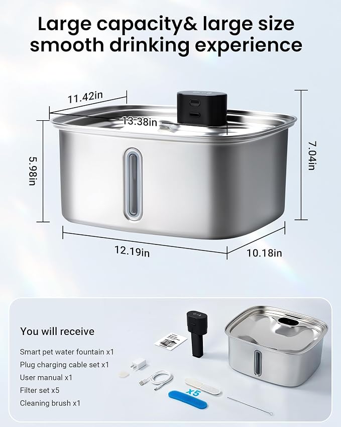 Smart Pet Water Fountain, 10L/338Oz Stainless Steel Cat Water Fountain with APP Monitoring, Automatic Dog Water Bowl Dispenser for Large Dogs Cats Mutil-Pets, Indoor and Outdoor