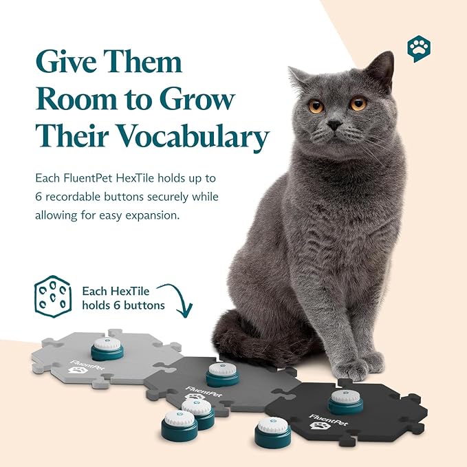 Speak Up! Get Started Kit with Clearer Upward-Facing Sound - 6 Recordable Buttons for Dogs & 3 Grey HexTiles | Dog & Cat Communication Buttons Set | with Batteries