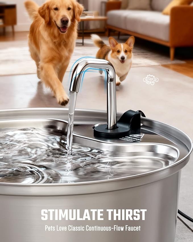 Dog Water Fountain Stainless Steel, 7L/1.8Gal Pet Fountain Water Bowl with Multi-Filtration & Deeper Drinking Aera, Large Cat Water Fountain with Water Window & LED (10 Filters 1 Fountain)