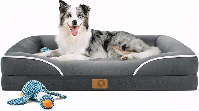 Homemate Dog Bed Large Sized Dog: 42"x30" Orthopedic Pet Bed with Toy | Large Dogs Bed with Non-Slip Botton & Removable Washable Cover Cat Bed Sofa XL Outdoor Crate Pad Couch Dark Grey