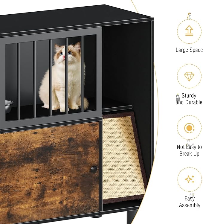 Dog Proof Cat Feeding Station, Cat Feeding Station, Pet Food Storage, Black | Raised Bowls for Indoor Cats, Elevated Food Bowls with Stand, Scratching Board, Stainless Steel Bowls