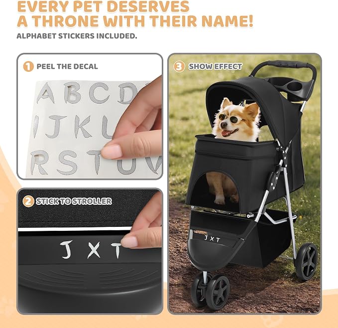 Magshion 3-Wheel Pet Stroller for Small/Medium Dog Cat, Up to 33lbs, Black | Foldable Travel Jogger w/ Breathable Mesh Cover, Lightweight Design, Safety Tethers, Cup Holder & Storage Basket