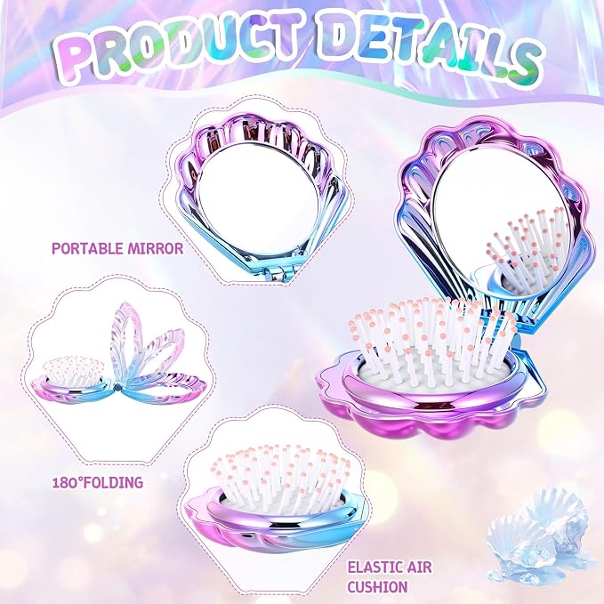LemonRoad 24 Sets Mermaid Party Favors Shell Hair Brush with Mirror Card, Foldable Mini Travel Compact Hair Brush for Women Birthday, Bachelorette, Under The Sea, Beach Party Gifts(Gradient Colors)