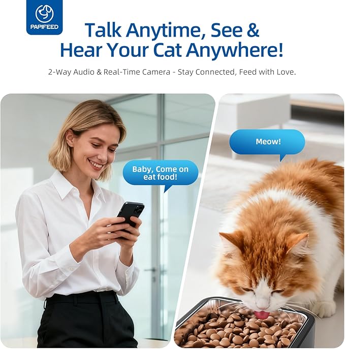 PAPIFEED Distributeur Automatique pour Chats 6L, Mangeoire Intelligente WiFi 2.4G avec Caméra et Audio Bidirectionnel, Angle Réglable, Nettoyage Facile, Programmation de 1 à 10 Repas Par Jour pour Chats et Petits Chiens - Noir
